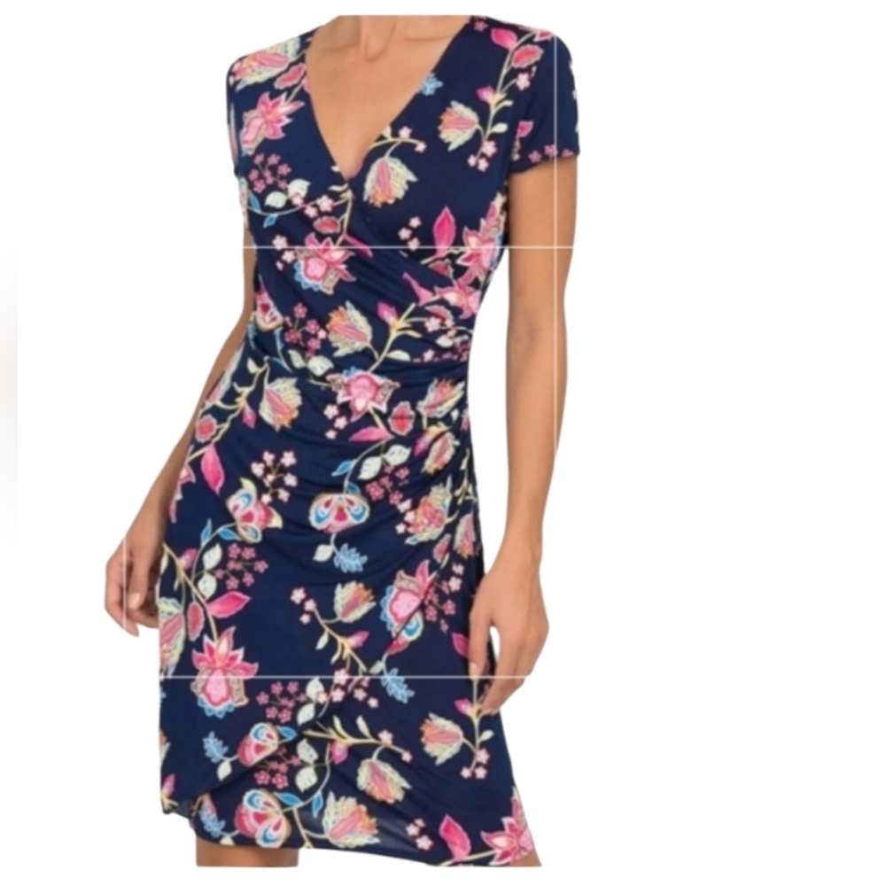 Joseph Ribkoff Faux Wrap Dress Size 12 Blue Floral V-Neck Stretch Spring Derby